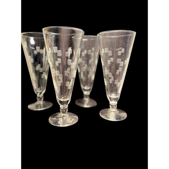 Set of Four Vintage Anchor Hocking Grey Etched CUBIST Pilsner Glasses 7 1/2” MCM - Picture 2 of 12